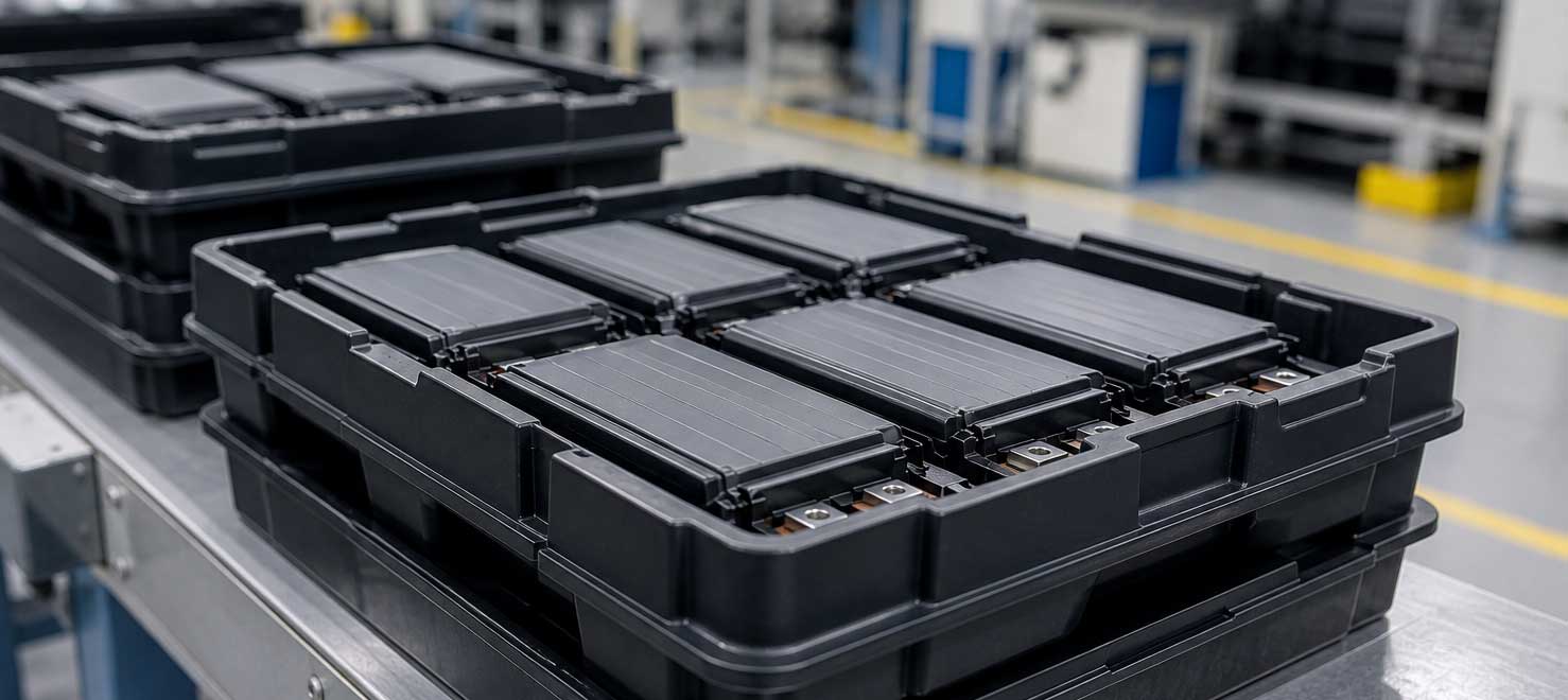 Battery modules in thermoformed handling trays on an EV battery assembly line for production and WIP transport