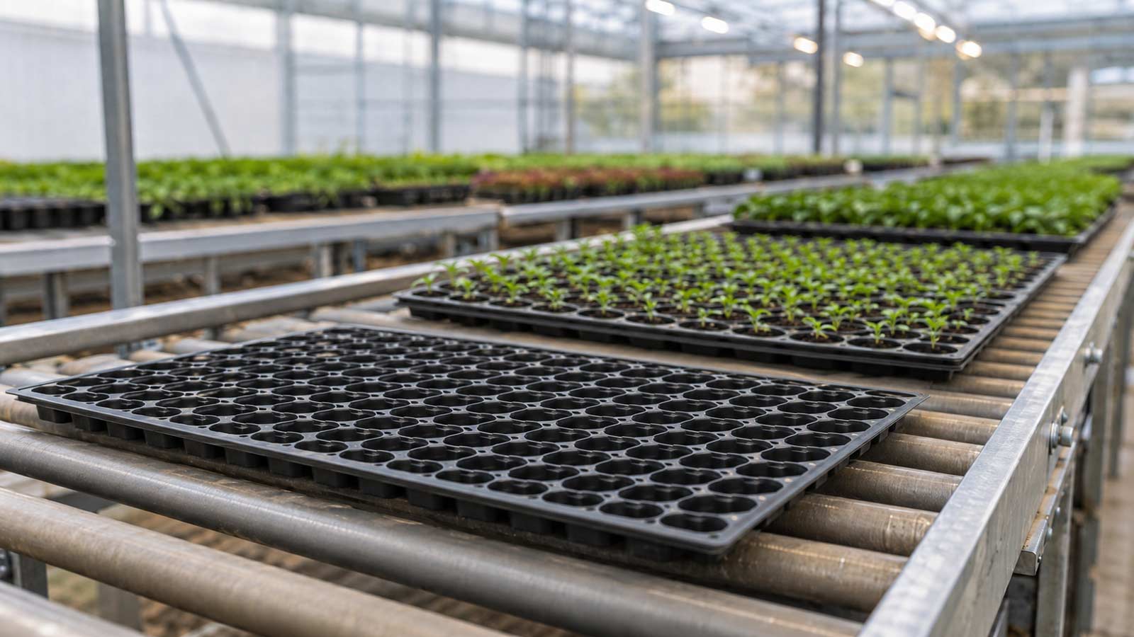 Thermoformed nursery plug trays on a conveyor in a commercial greenhouse for automated filling and handling