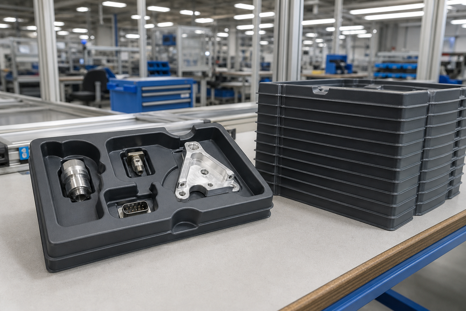 Black custom thermoformed tray with precision-machined aluminum aerospace fittings seated in dedicated cavities, with nested empty trays stacked beside it on a production bench