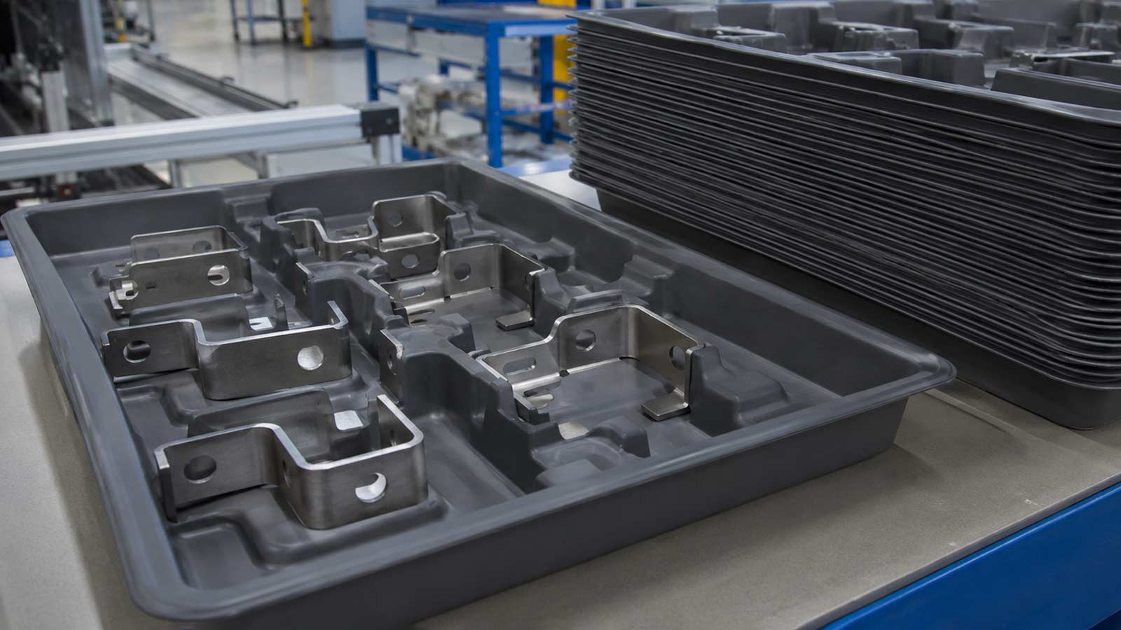 Thin-gauge thermoformed WIP tray with metal brackets in nests and nested empty trays on a Midwest manufacturing assembly bench