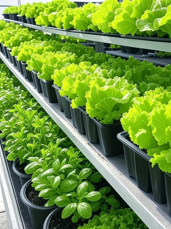 Lettuce and herbs growing in greenhouse with plastic containers