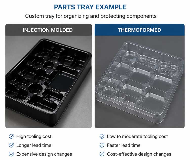 Thermoformed parts tray for industrial packaging and component handling