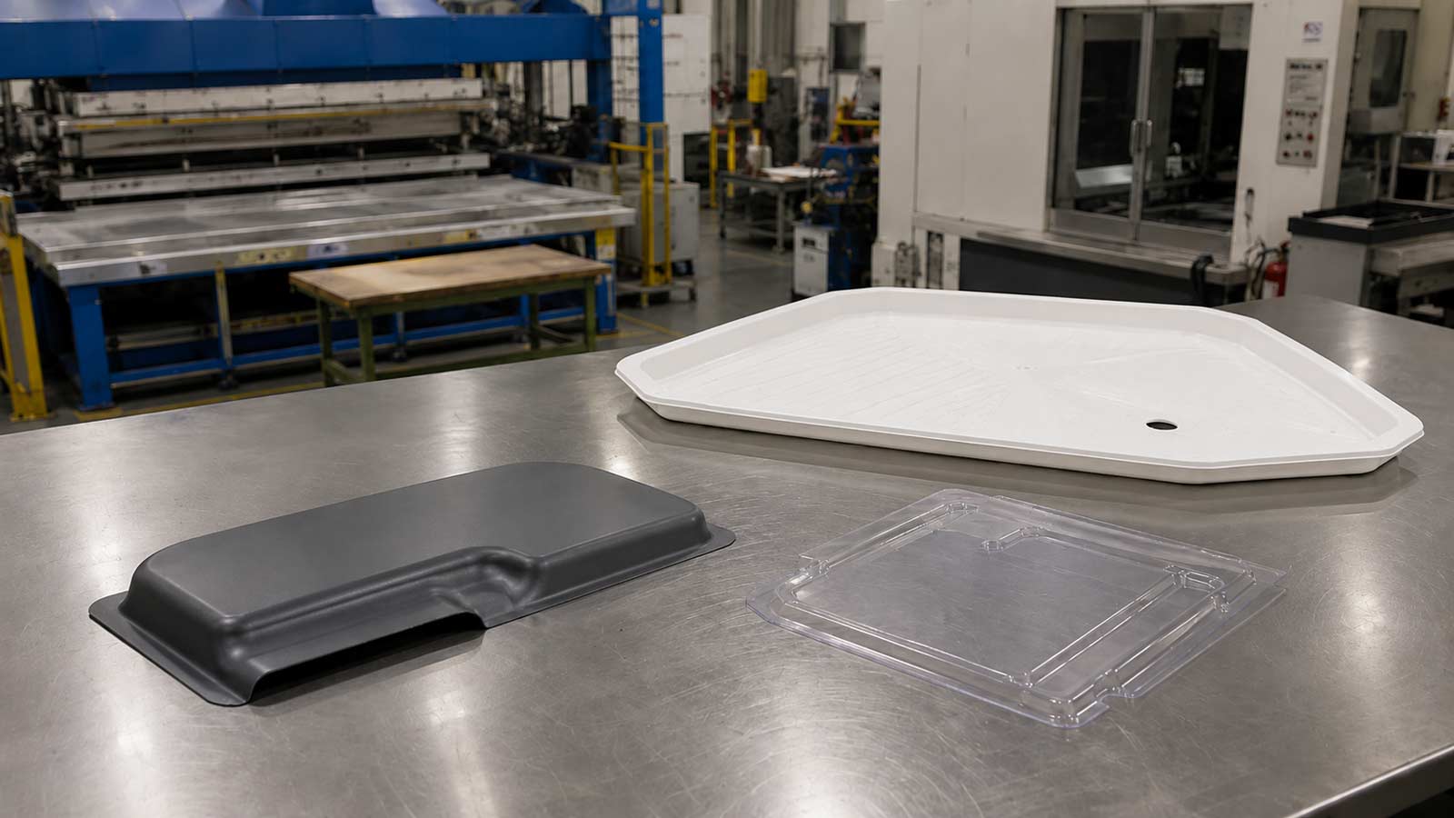 Thin-gauge vacuum-formed ABS, PET, and RV-style parts on a work table in a Midwest thermoforming shop with forming and CNC trim equipment in the background